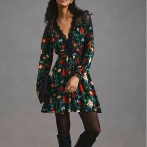 Anthropologie Black Floral Long Sleeve Dress